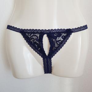 Egyedi készítésű sötétkék csipkés nyitott tanga bugyi