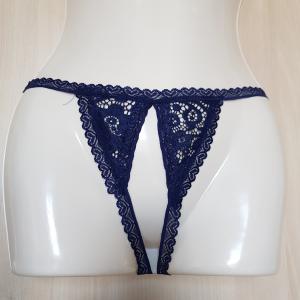 Egyedi készítésű sötétkék csipkés nyitott tanga bugyi