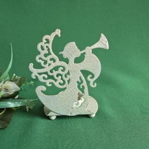 Fehér színű, csillogó glitteres trombitáló angyalka díszes karácsonyi mécsestartó, gyertyatartó