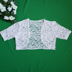 Kb. L-es hófehér színű, rövid ujjú, elasztikus csipke boleró