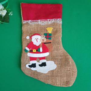 Mikulás mintás, csizma alakú juta mikulás zsák, ajándéktasak