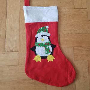 Pingvin mintás, csizma alakú mikulás zsák, textil ajándéktasak