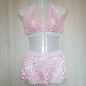Rózsaszín-fehér csipke fehérnemű szett: melltartó + francia bugyi