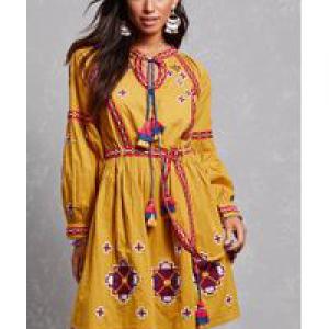 S-es hosszú ujjú, hímzett mustársárga ruha