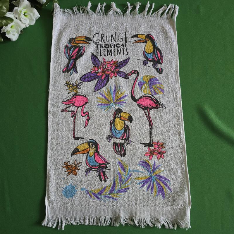 Tukán és flamingó mintás frottír pamut konyharuha, vintage törlőkendő