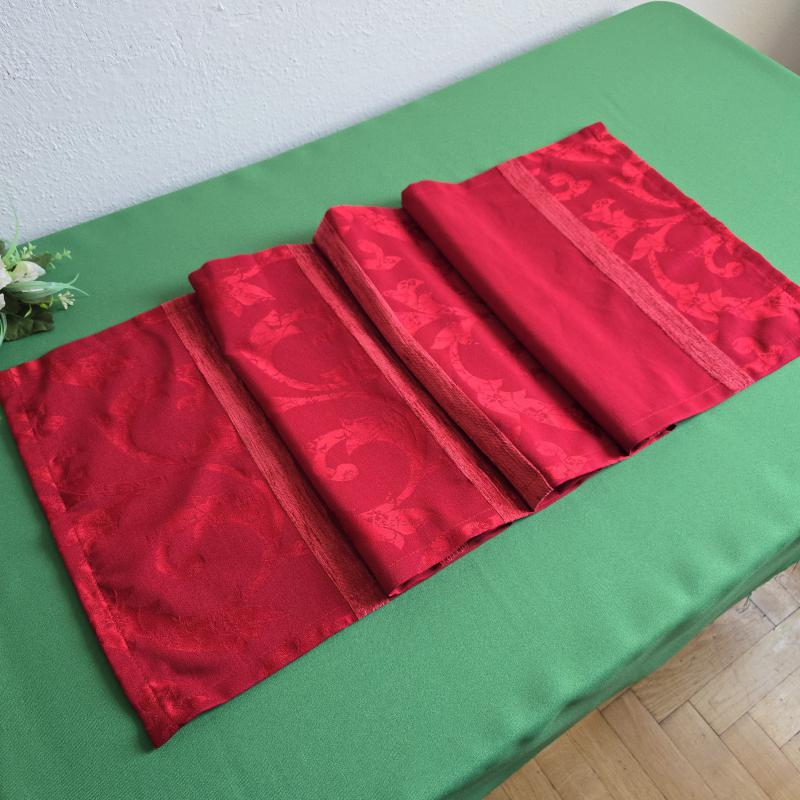 Vörös színű fényes mintás karácsonyi damaszt asztalközép, asztali futó, terítő
