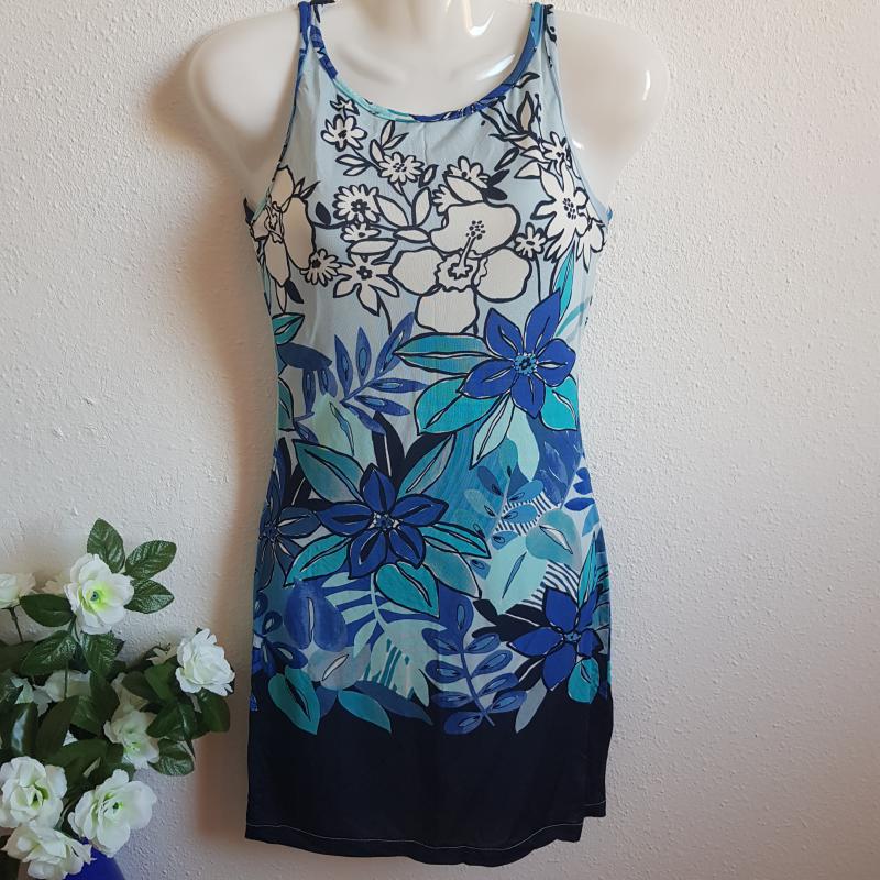 XS-es egyedi készítésű, virágmintás miniruha, ujjatlan nyári ruha, tunika