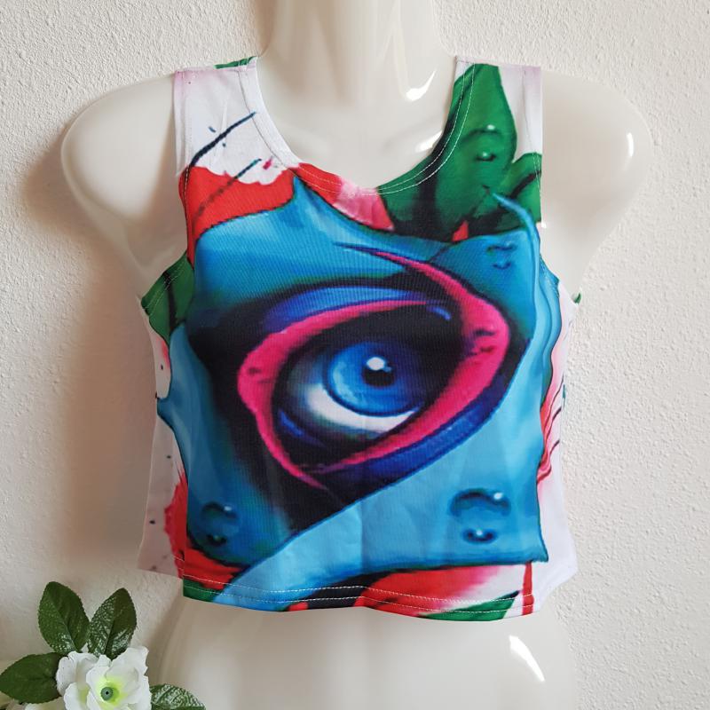 XS-es rózsában kék szem mintás crop top, ujjatlan haspóló