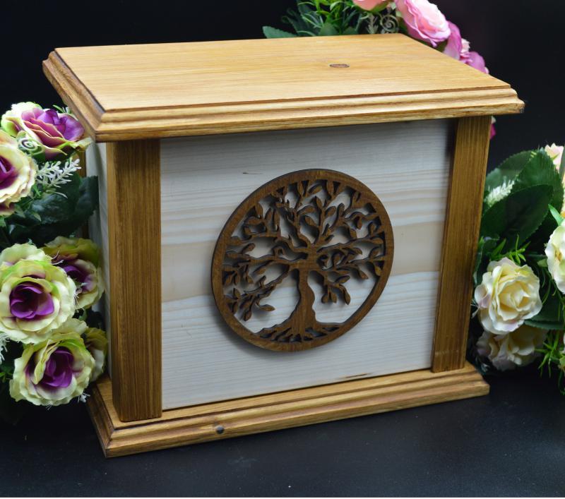 Tömör fa urna, dísz urnakoporsó dió színben, életfa