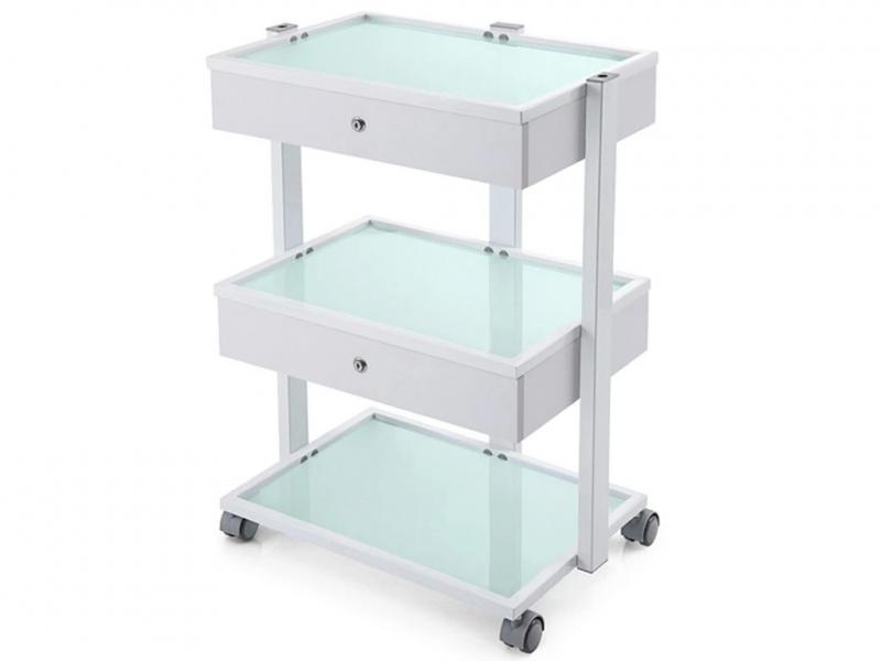 Kozmetikai eszköztartó kocsi üvegpolcos, zárható fiókokkal