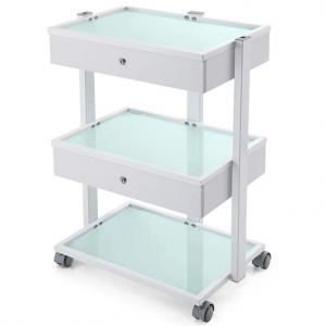 Kozmetikai eszköztartó kocsi üvegpolcos, zárható fiókokkal