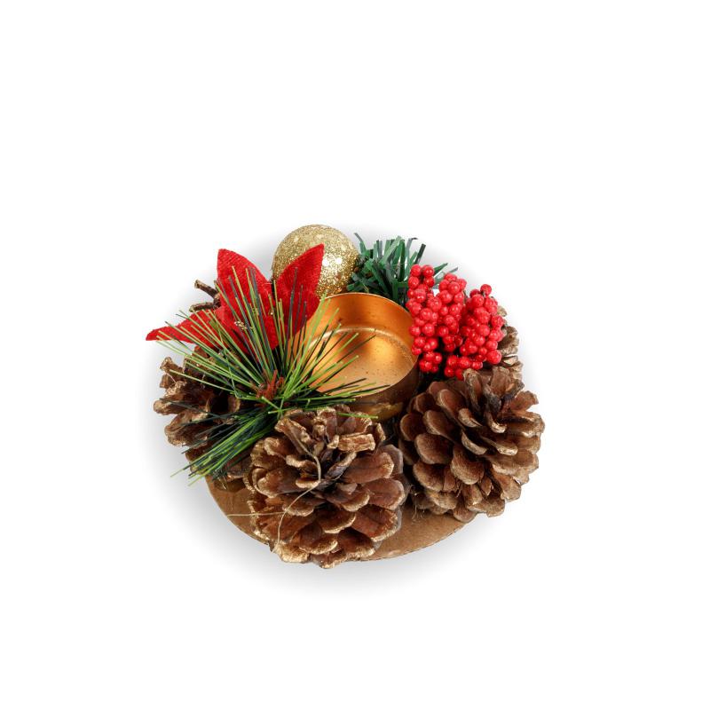 Adventi dekoráció - mécsestartóval - piros arany mikulásvirág- 13 cm