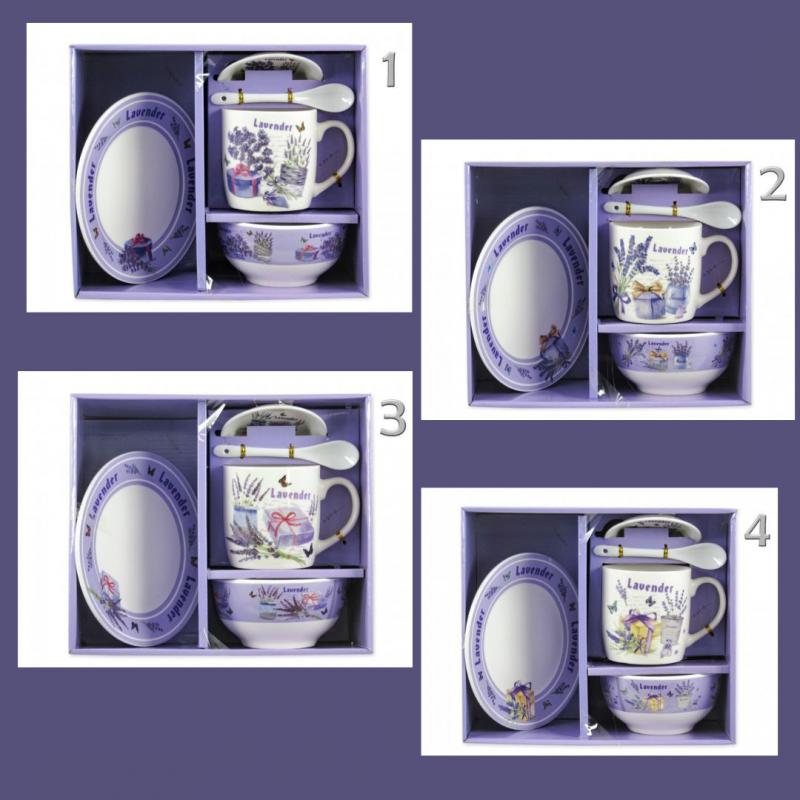 Ajándék levendulás szett Bögre +alj +kiskanál +müzlis tál +kistányér választható motivummal