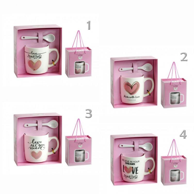 Bögre +kiskanál rózsaszín szív 2dl dísztasakban 4 féle