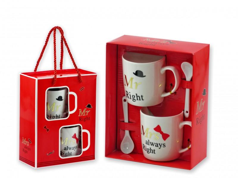 Bögre +kiskanál szett Mr Right Mrs always Right 2+2db 2dl díszdobozban 2