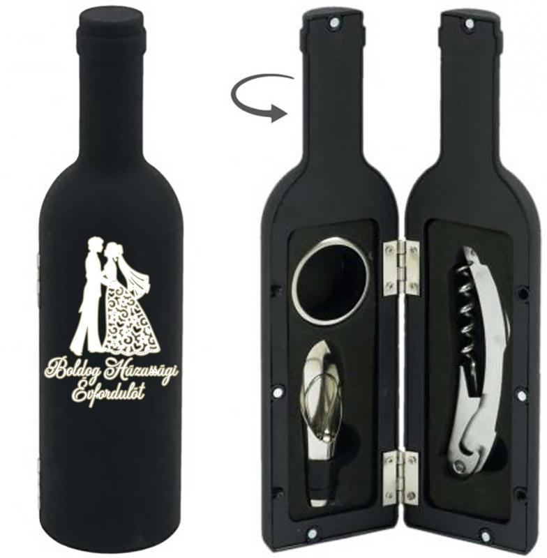 Boldog Házassági Évfordulót felirattal - Bornyitó szett 3 darabos - Boros kiegészítő - Évfordulós Ajándék