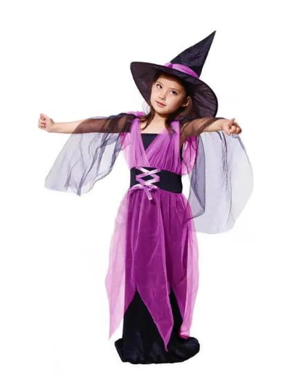 Boszorkány, jelmez, lila-fekete, 110-120