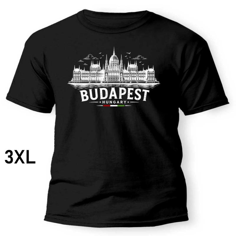 Budapest Póló –Parlament Budapest Zászló - Fekete 100% Pamut Magyar Szuvenír Budapest Sziluettel 3XL