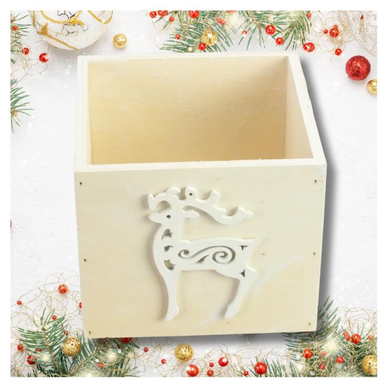 Dekoláda rusztikus kocka 13x13X11cm - Fehér szarvasos