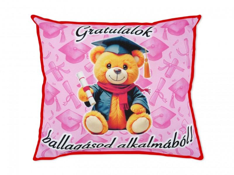 Díszpárna Gratulálok ballagásod alkalmából macis 30x26cm rózsaszín
