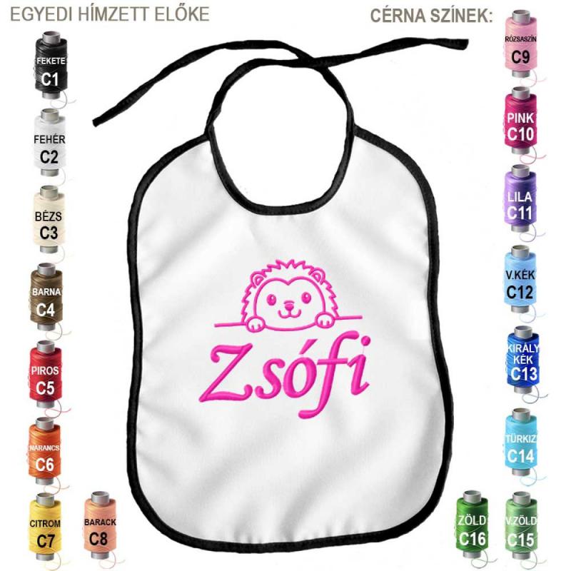 Egyedi Hímzett Előke - FEHÉR - Egyedi Névre Szóló Süni Hímzéssel - Egyedi Ajándék - Ajándék Babalátogatóra