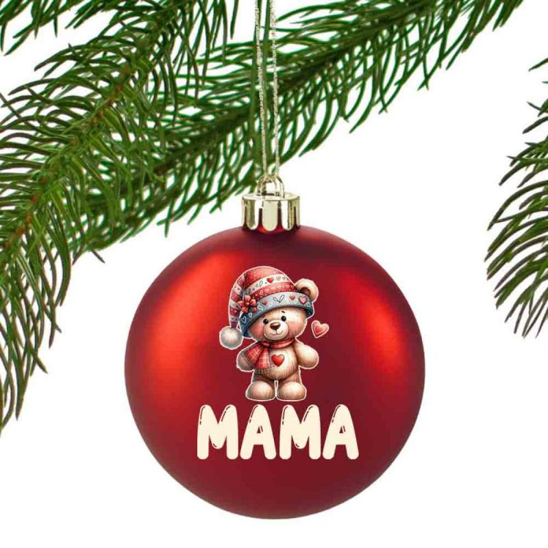Egyedi karácsonyfadísz Macis 'Mama' felirattal - Piros Karácsonyi gömb - Ajándék Nagymamának