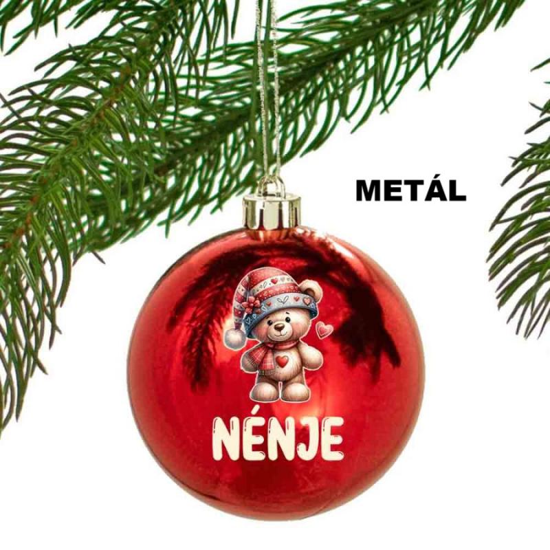 Egyedi karácsonyfadísz Macis 'Nénje' felirattal - Piros Karácsonyi gömb - Ajándék Nagynéninek