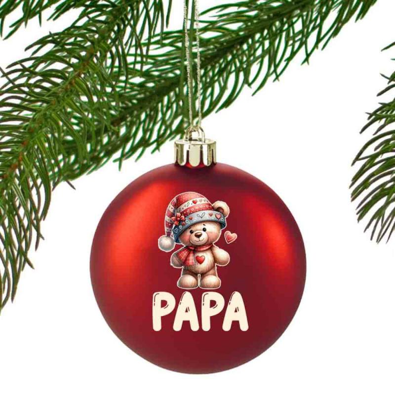 Egyedi karácsonyfadísz Macis 'Papa' felirattal - Piros Karácsonyi gömb - Ajándék Nagypapának