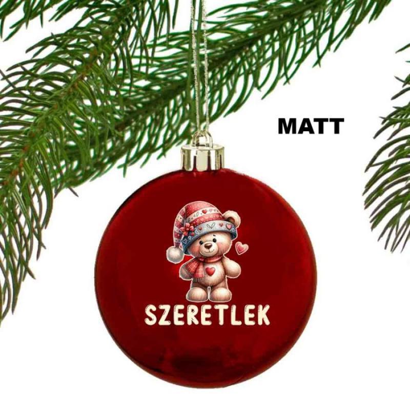 Egyedi karácsonyfadísz Macis 'Szeretlek' felirattal - Piros Karácsonyi gömb