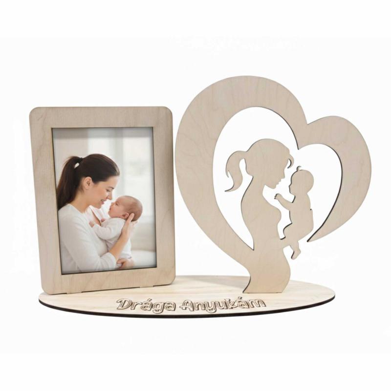 Egyedi Lézerkivágott Fa Képkeret – „Drága Anyukám” Fényképtartó Szívvel - Ajándék Anyáknak