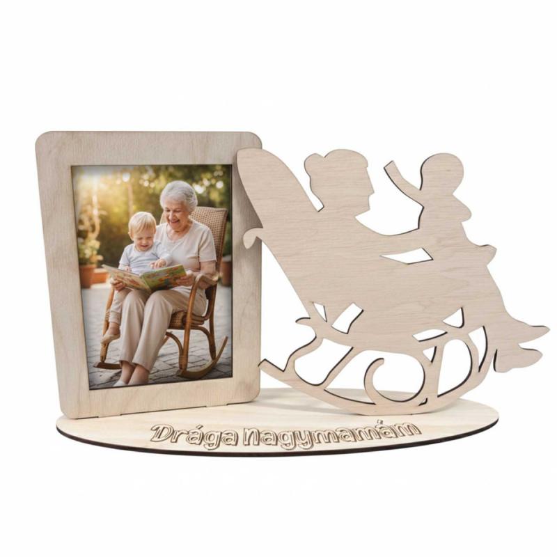 Egyedi Lézerkivágott Fa Képkeret – „Drága Nagymamám” Fényképtartó Hintaszékes Sziluettel
