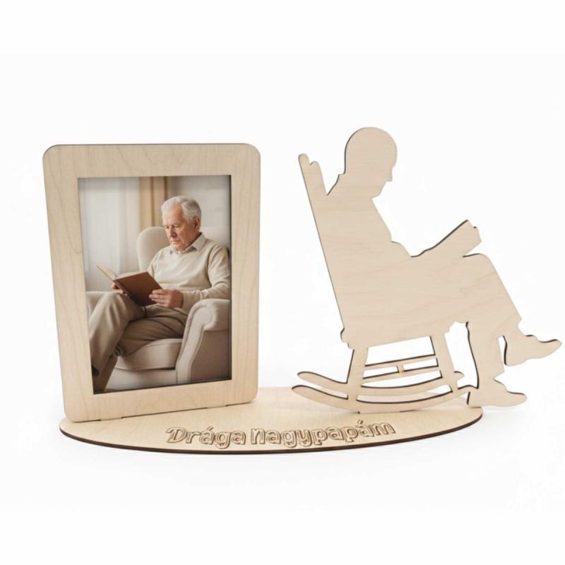 Egyedi Lézerkivágott Fa Képkeret – „Drága Nagypapám” Fényképtartó Olvasó Sziluettel
