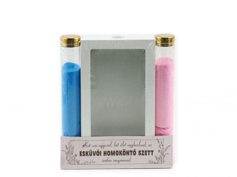 Esküvői homoköntő szett rózsaszín és kék homok és üveglapos fali kép