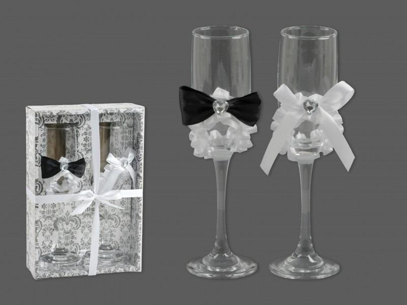 Esküvői pezsgőspohár szett szatén szives