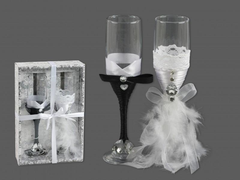 Esküvői pezsgőspohár szett tollas
