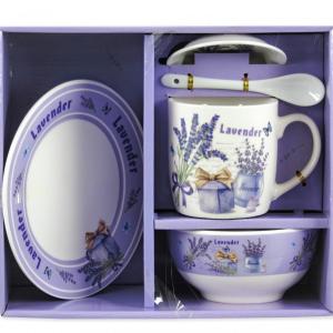 Ajándék levendulás szett Bögre +alj +kiskanál +müzlis tál +kistányér választható motivummal