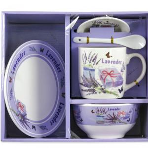 Ajándék levendulás szett Bögre +alj +kiskanál +müzlis tál +kistányér választható motivummal