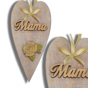 Anyák napi díszített szív "Szeretlek mama" - Szürke vagy bézs 10x20 cm