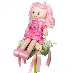 Ballagási csokor plüss babával selyem virággal 47cm