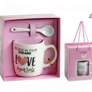 Bögre +kiskanál rózsaszín szív 2dl dísztasakban 4 féle