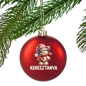 Egyedi karácsonyfadísz Macis 'Keresztanya' felirattal - Piros Karácsonyi gömb - Ajándék Keresztanyának