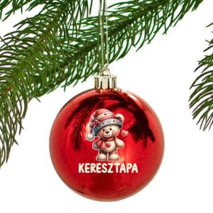 Egyedi karácsonyfadísz Macis 'Keresztapa' felirattal - Piros Karácsonyi gömb - Ajándék Keresztapának