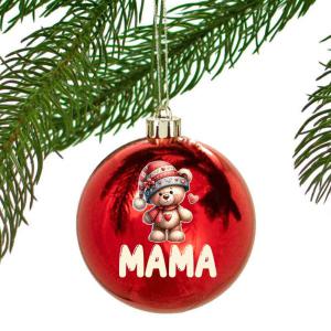 Egyedi karácsonyfadísz Macis 'Mama' felirattal - Piros Karácsonyi gömb - Ajándék Nagymamának