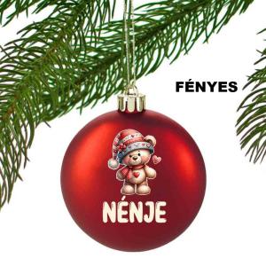 Egyedi karácsonyfadísz Macis 'Nénje' felirattal - Piros Karácsonyi gömb - Ajándék Nagynéninek