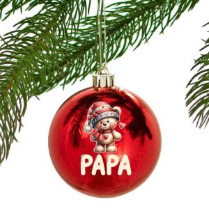 Egyedi karácsonyfadísz Macis 'Papa' felirattal - Piros Karácsonyi gömb - Ajándék Nagypapának