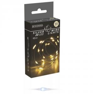 Ezüst drótkábeles fényfüzér 20 LED-es elemes (elem nélkül) meleg 95cm