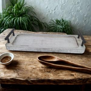 Fogantyús fa tálca vintage fehér 35x12cm