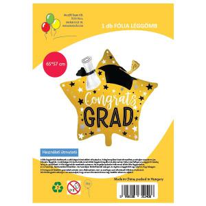 Fólia lufi, csillag, arany, kalappal, ballagásra, 67 cm, csomagolt