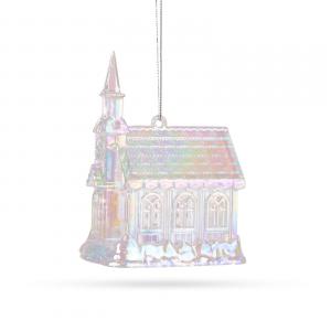 Karácsonyi dísz - irizáló, akril templom - 75 x 100 x 60 mm
