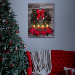 Karácsonyi LED-es hangulatkép adventi koszorú gyertyákkal- fali akasztóval, 2 x AA, 30 x 40 cm